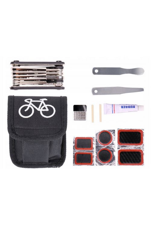 Zestaw rowerowy: narzędzia i łatki w pokrowcu
